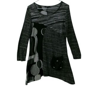 CATIVA Asymmetrical Patchwork Knit Top Shirt Black Silver Small